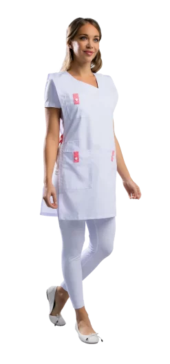 Chasuble professionnelle femme Alice blanc et corail, vue de face, Rémi Confection
