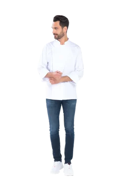 Veste de cuisine homme Jeremy satin blanc, vue de face, Henri Martin