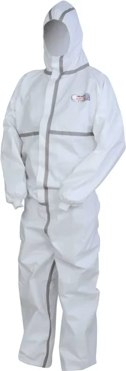 Combinaison jetable Cofra DEFENSIVE PLUS blanche à capuche, vue de face